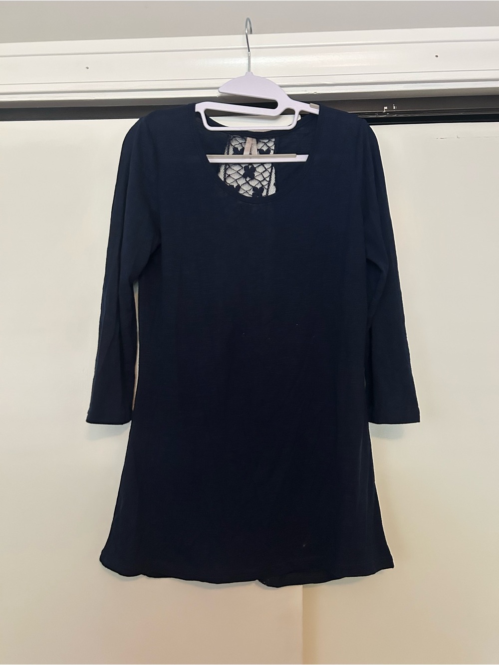 Vanity Navy 3/4 Sleeve Shirt with Lace Back Detail